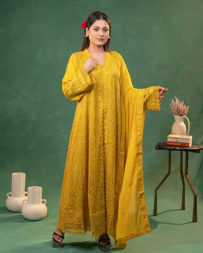 Chiffon Thread Work Yellow Long Gown