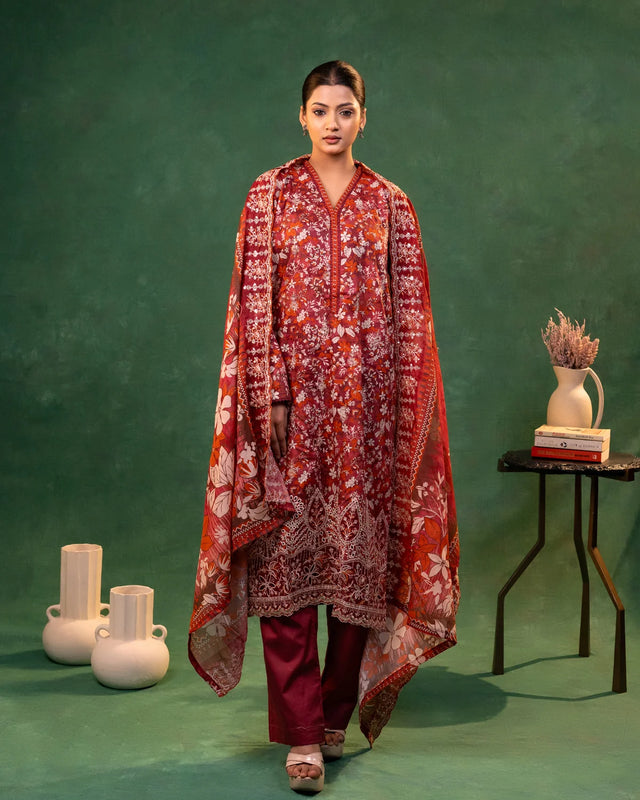 Lawn Cotton Thread and Cutwork Embroidery Mehroon Straight Suit