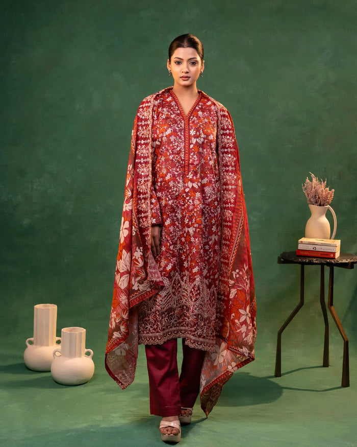 Lawn Cotton Thread and Cutwork Embroidery Mehroon Straight Suit