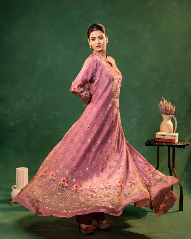 Crepe Mirror Work With Prints Mauve A-line Anaarkali Party Wear
