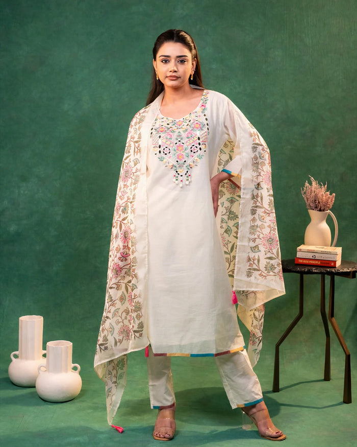 Mul Cotton Resham Mirror Work Cream A-line Suit Straight Party Wear