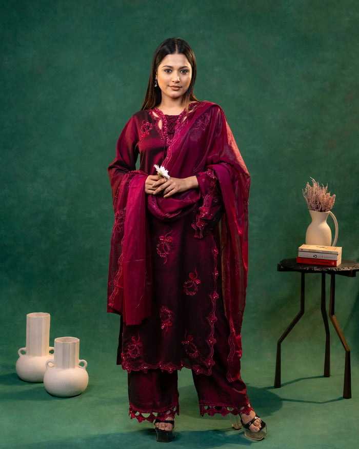 Silk Cutdana Wine Straight Suit Party Wear
