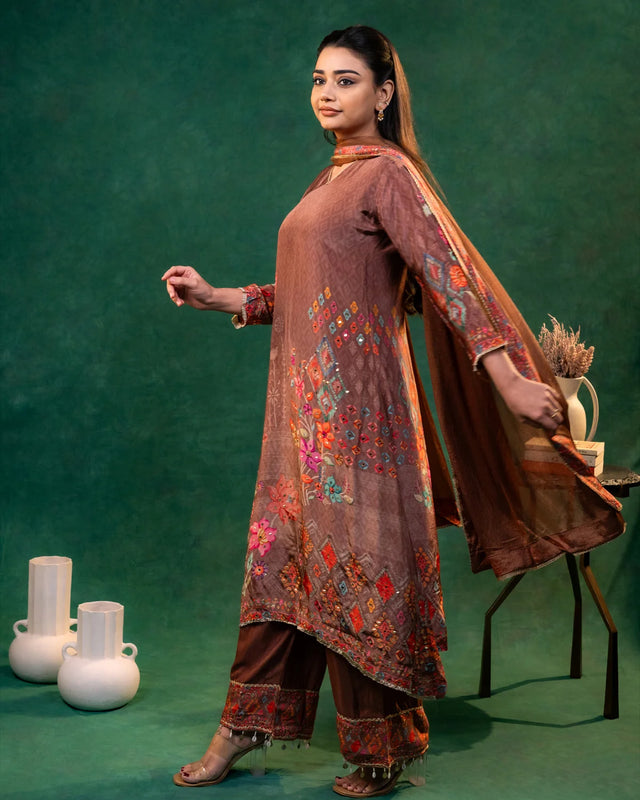 Crepe Mirror Work Brown Plazzo Party Wear