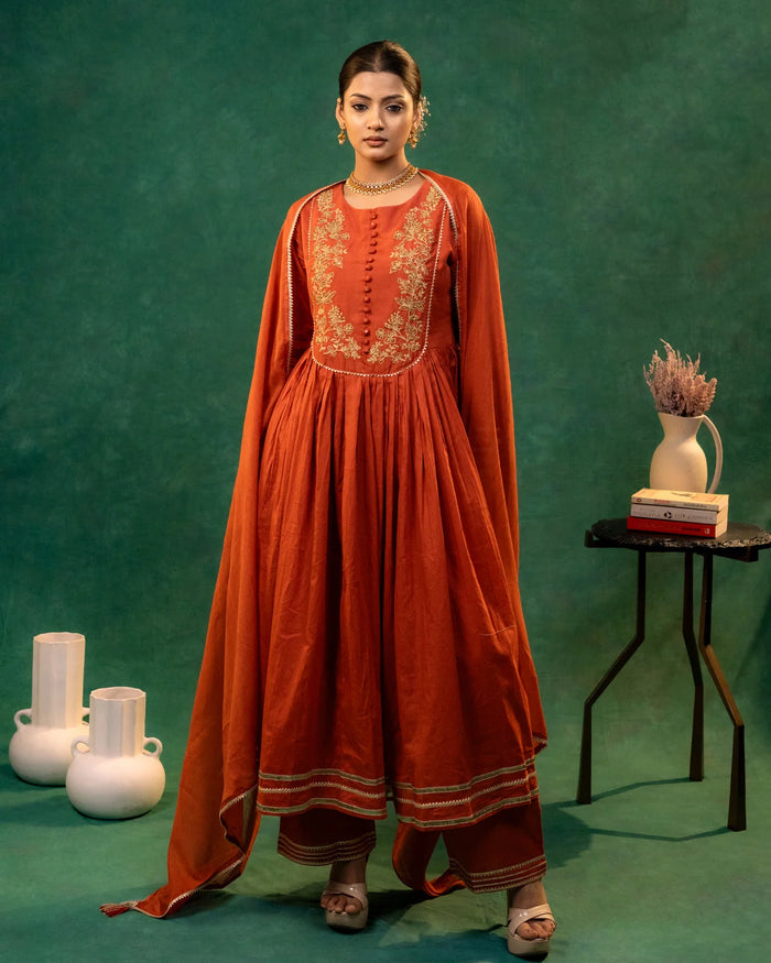 Mul Cotton Zari Work Rust Anaarkali
