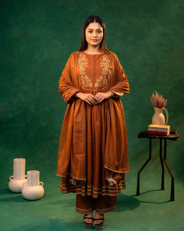 Mul Cotton Zari Work Brown Anaarkali