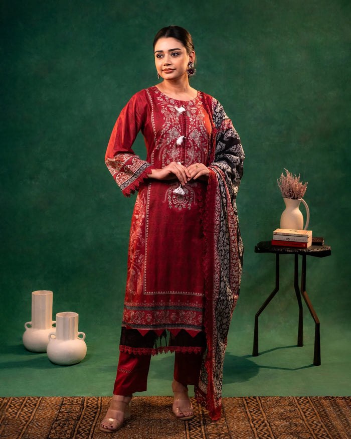 Lawn Cotton Lace Work Meganta Straight Suit Regular
