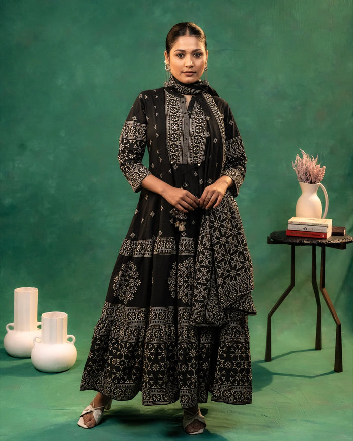 Mul Cotton Black Long Anaarkali