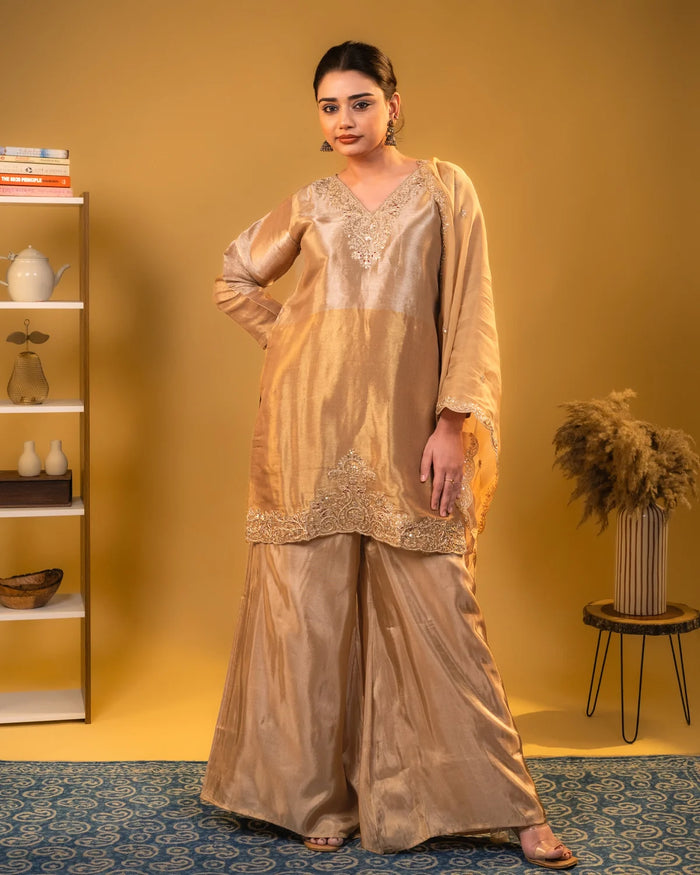Tissue Zari Work Golden Plazzo Suit Party Wear