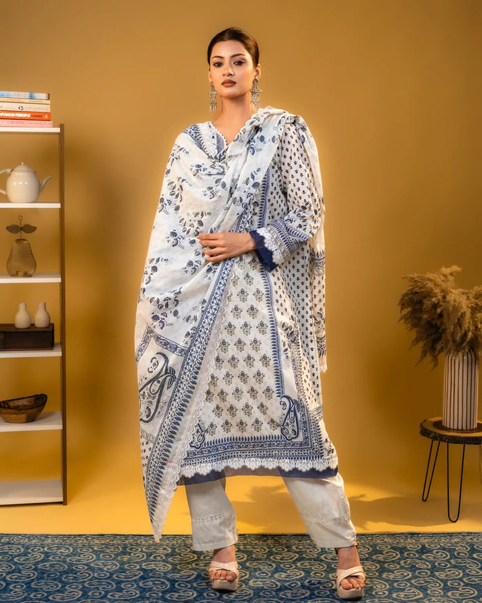 Lawn Cotton Lace Work Blue Straight Suit Regular Wear