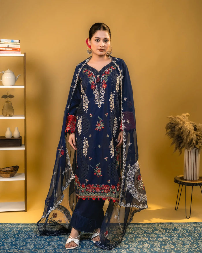 Cotton Lace Work Blue Straight Suit Party Wear