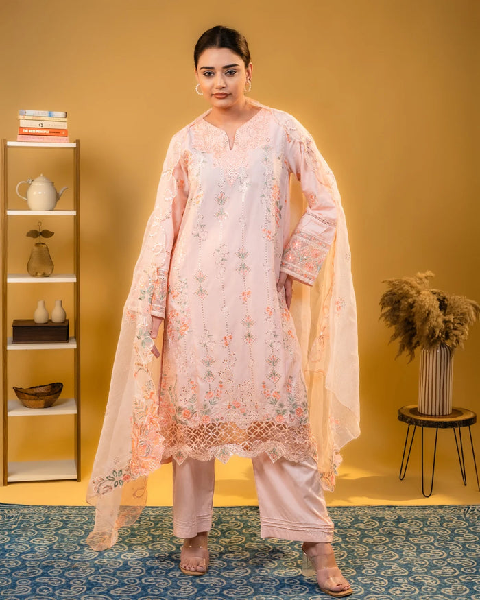 Cotton Lace Work Peach Plazzo Suit Party Wear