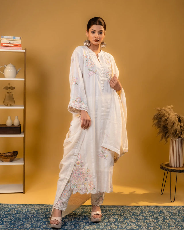 Linen Thread Work Cream Straight Suit Party