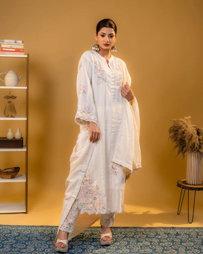 Linen Thread Work Cream Straight Suit Party