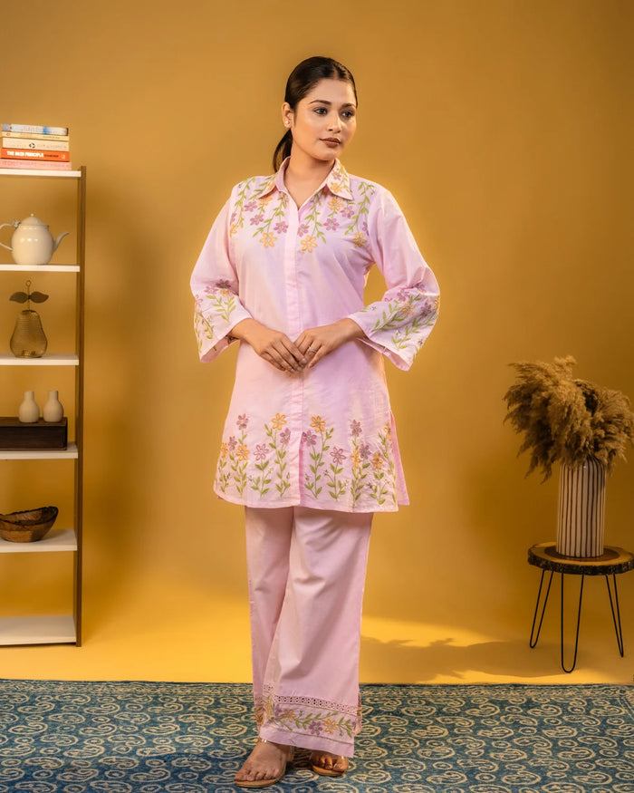 Cotton Thread Work Pink Co-Ord Set