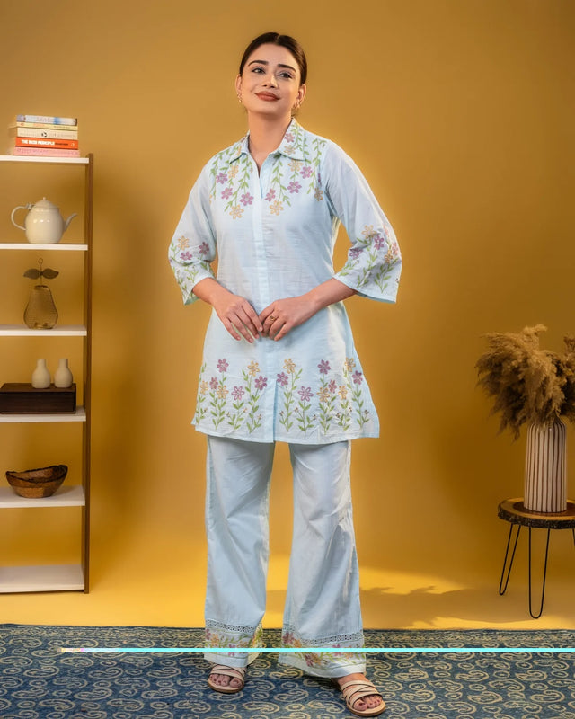 Cotton Thread Work Sky Blue Co-Ord Set