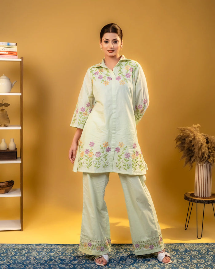 Cotton Thread Work Pista Green Co-Ord Set