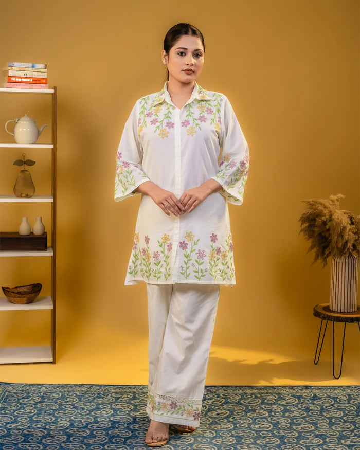 Cotton Thread Work Cream Co-Ord Set