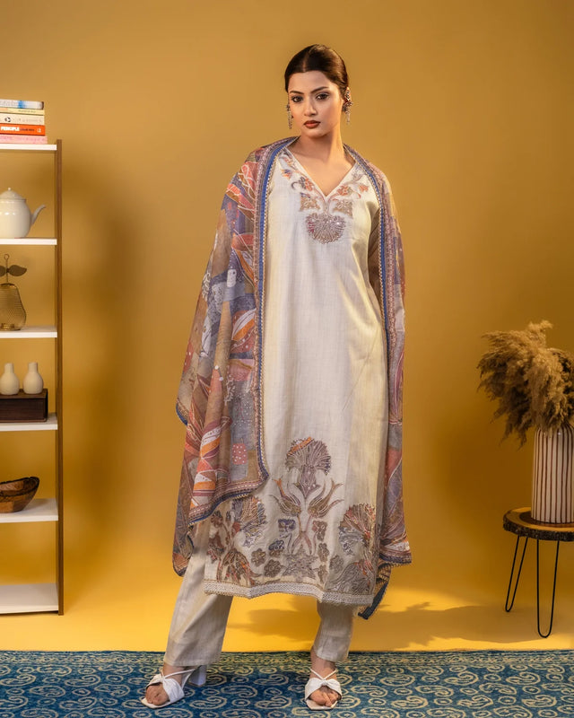 Khadi Cotton Patch Work and Zari Work Cream Straight Suit Party Wear