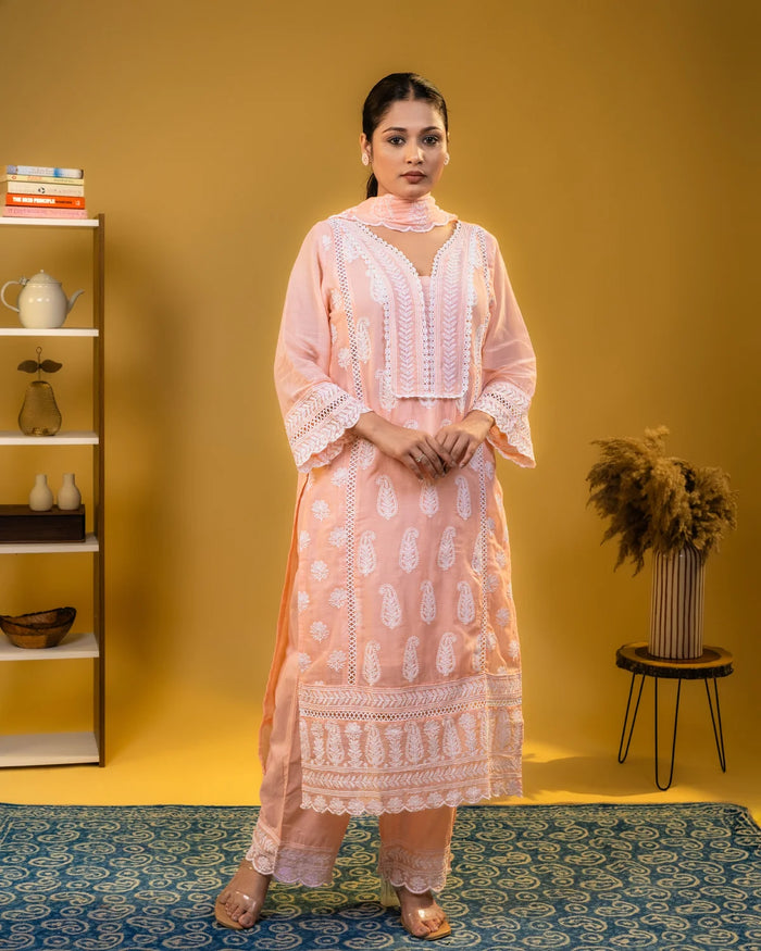 Mul Cotton Chickenkari Work Peach Plazzo Suit Regular Wear
