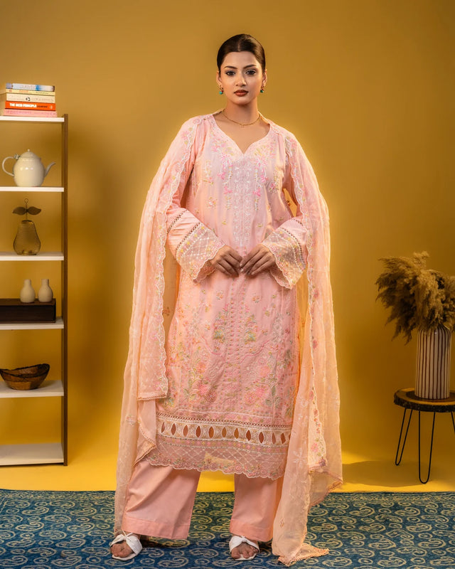 Cotton Cutwork Peach Plazzo Suit Party Wear