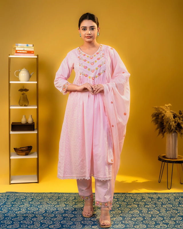 Cotton Bottom Work Pink Anaarkali