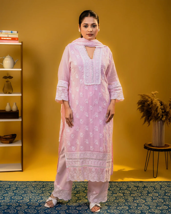 Mul Cotton Chickenkari Work Pink Plazzo Suit Straight Regular Wear