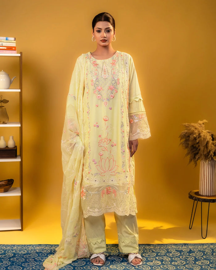 Cotton Cutwork Light Yellow Plazzo Suit Party Wear