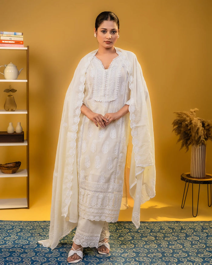 Mul Cotton Chickankari Work Cream Plazzo Suit Straight Regular Wear
