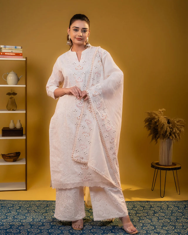 Khadi Cotton Chickankari Work Cream Plazzo Suit Party Wear