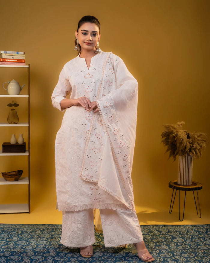 Khadi Cotton Chickankari Work Cream Plazzo Suit Party Wear