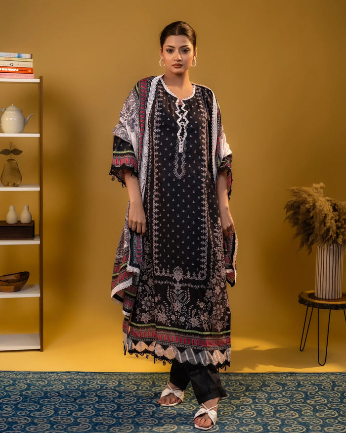 Lawn Cotton Lace Work Black Straight Suit Regular Wear