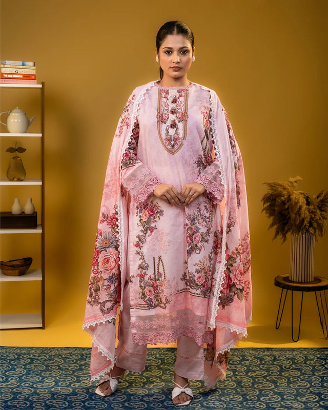 Lawn Cotton Lace Work Pink Straight Suit Regular Wear