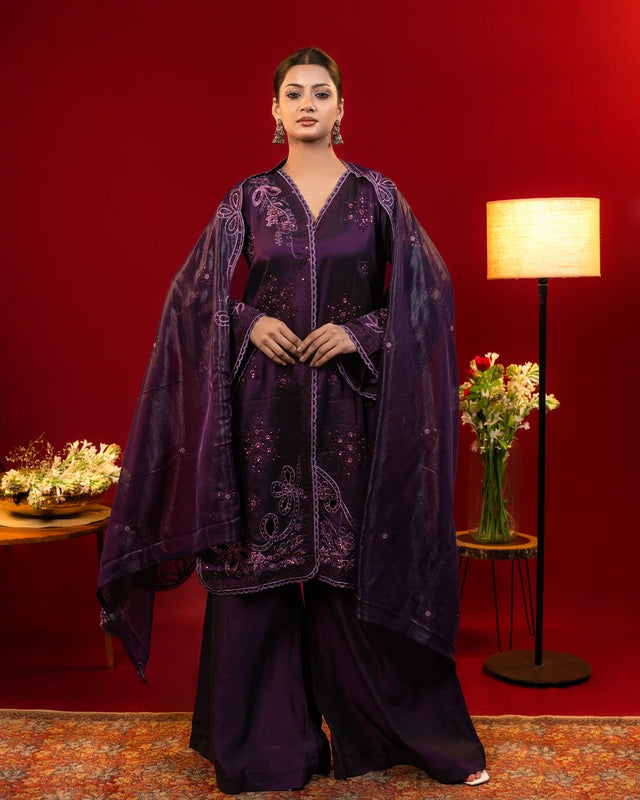 Silk Sequines Cutwork Dark Purple Straight Suit Party Wear