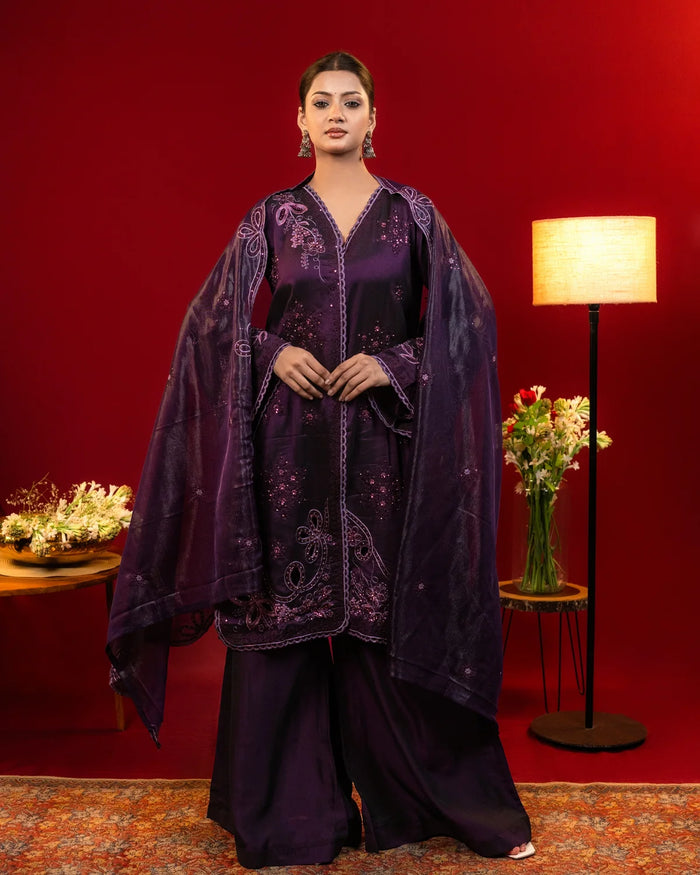 Silk Sequines Cutwork Dark Purple Straight Suit Party Wear