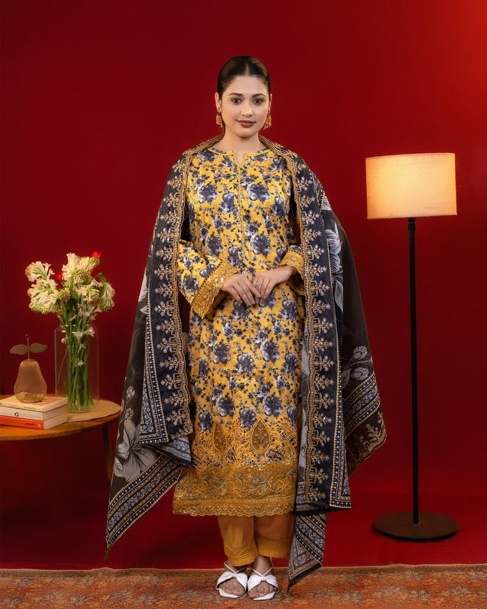 Lawn Cotton Cutwork And Threadwork Yellow Straight Suit Party Wear