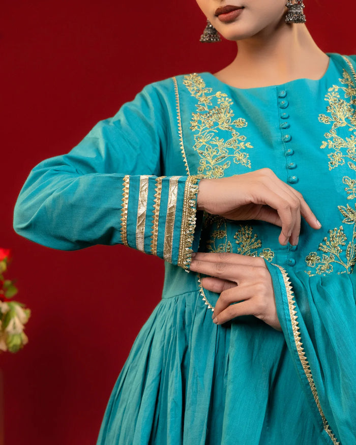 Mul Cotton Lace Work Green Anaarkali