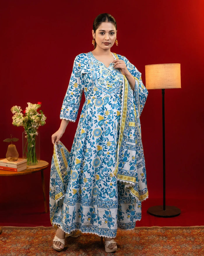 Mul Cotton Embroidered Neck Blue Anaarkali