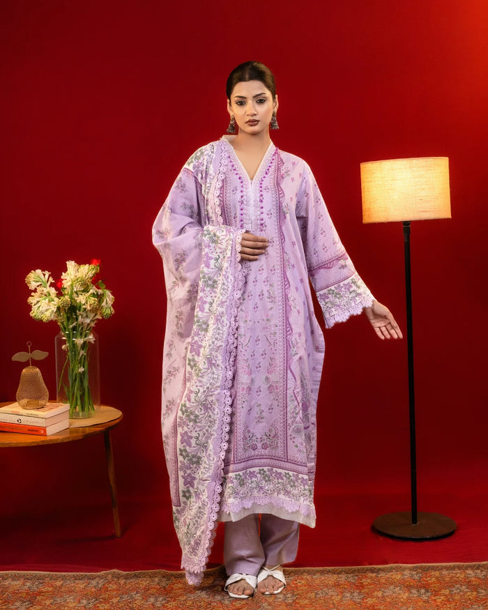 Lawn Cotton Lace Work Light Purple Straight Suit Regular Wear
