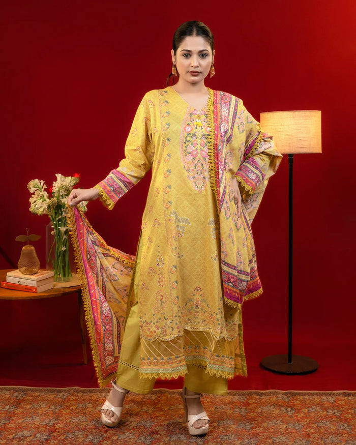 Lawn Cotton Lace Work Yellow Straight Suit Regular Wear