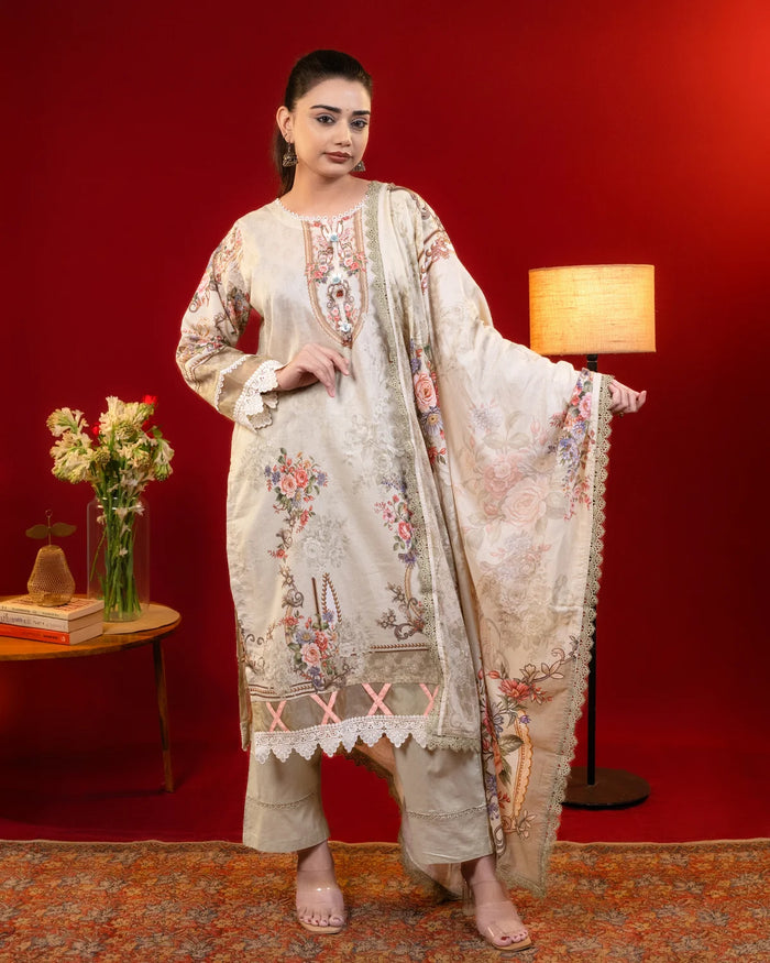 Lawn Cotton Lace Work Cream Straight Suit Regular Wear