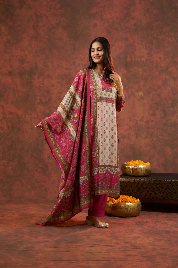 Silk Dark Meganta Straight Suit Regular Wear