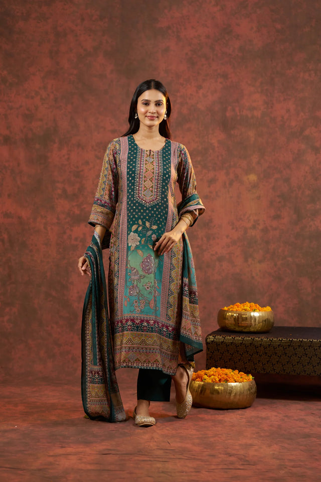 Silk Bottle Green Straight Suit Party Wear