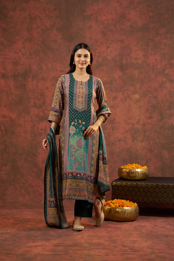 Silk Bottle Green Straight Suit Party Wear