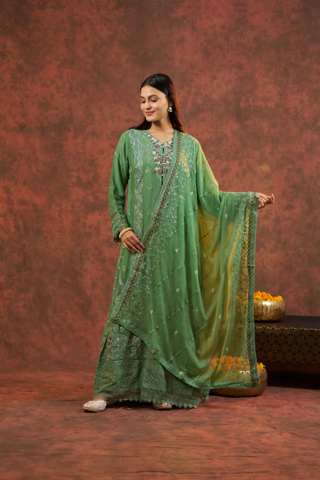 Chiffon Sea Green Front Open Gown Party Wear