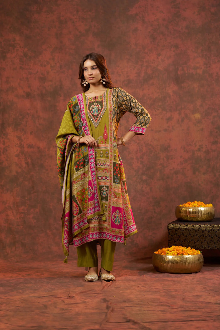 Silk Green Straight Suit Party Wear