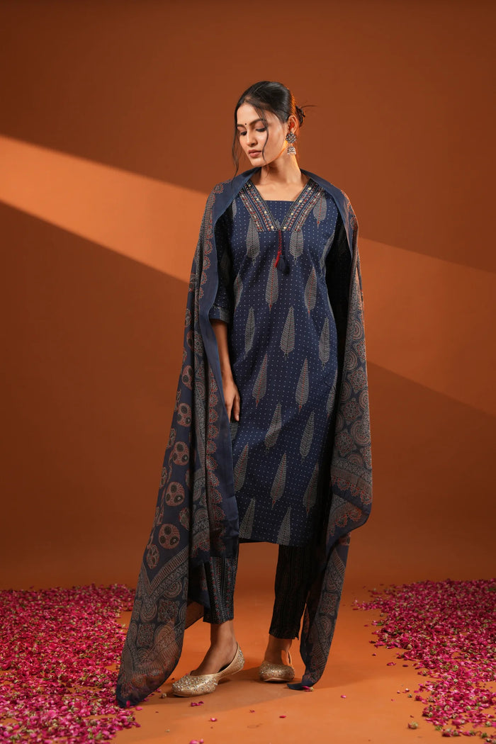 Cotton Navy Blue Straight Suit Regular Wear