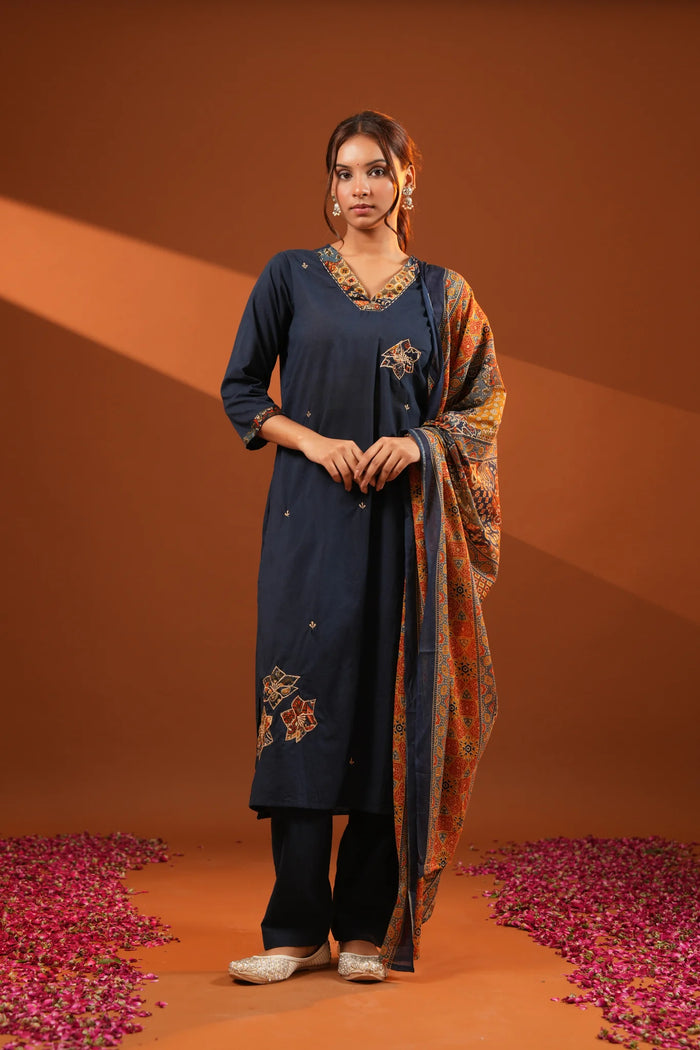 Cotton Navy Blue Straight Suit Regular Wear