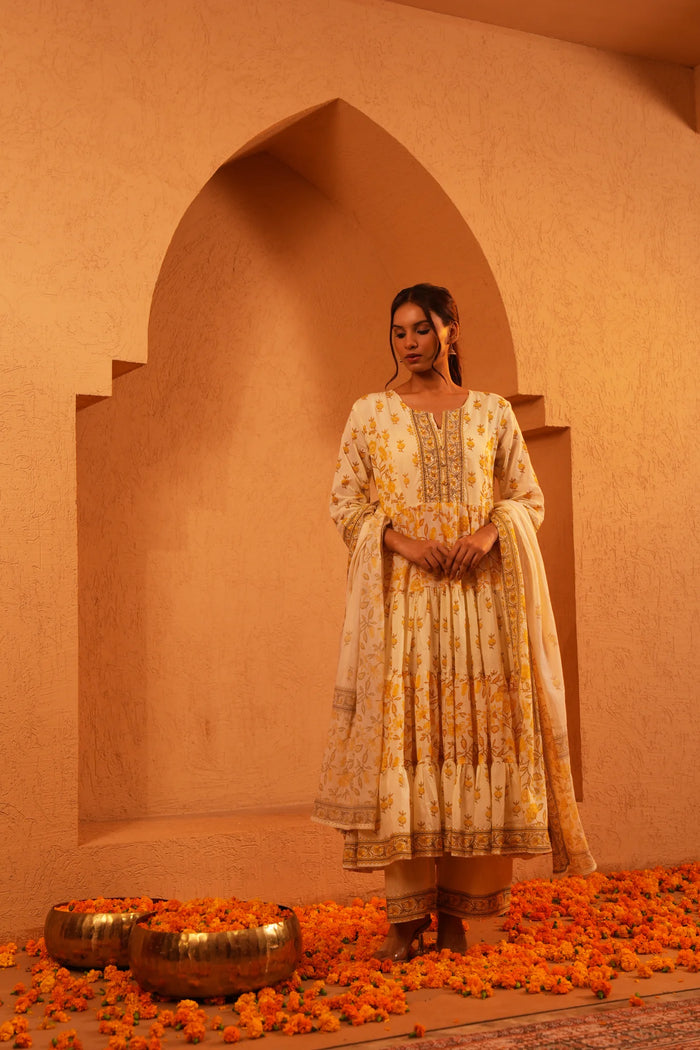 Mul Cotton Yellow Plazzo Gown Anaarkali