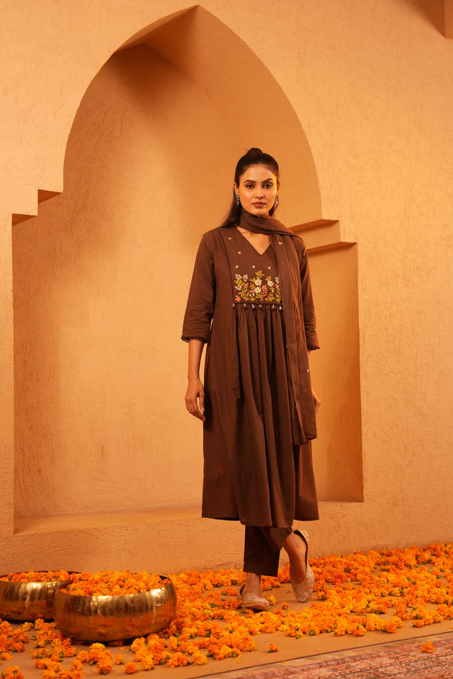 Mul Cotton Brown A-Line Frock Regular Wear