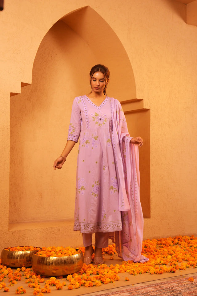 Mul Cotton Mauve A-Line Frock Regular Wear